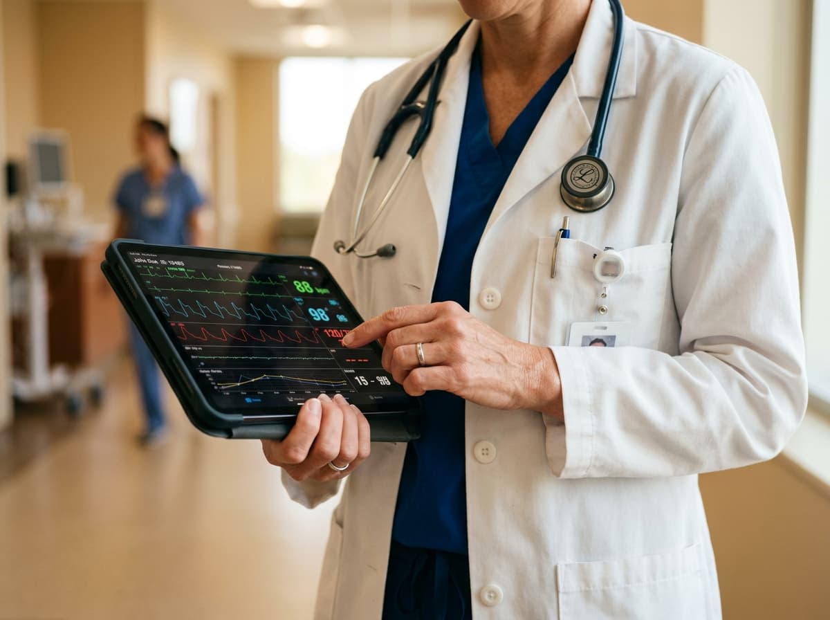 Doctor reviewing hospital telemetry on tablet
